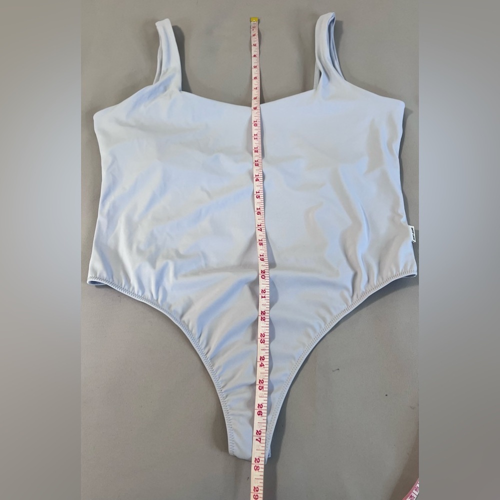 DKNY Jeans Frost Blu Sleeveless Squared Neck Nylon Thong back Bodysuit-NWT Large - Picture 6 of 10